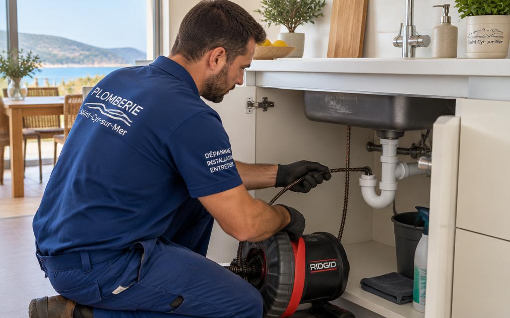 Plombier utilisant un furet électrique pour déboucher une canalisation sous un évier sans destruction