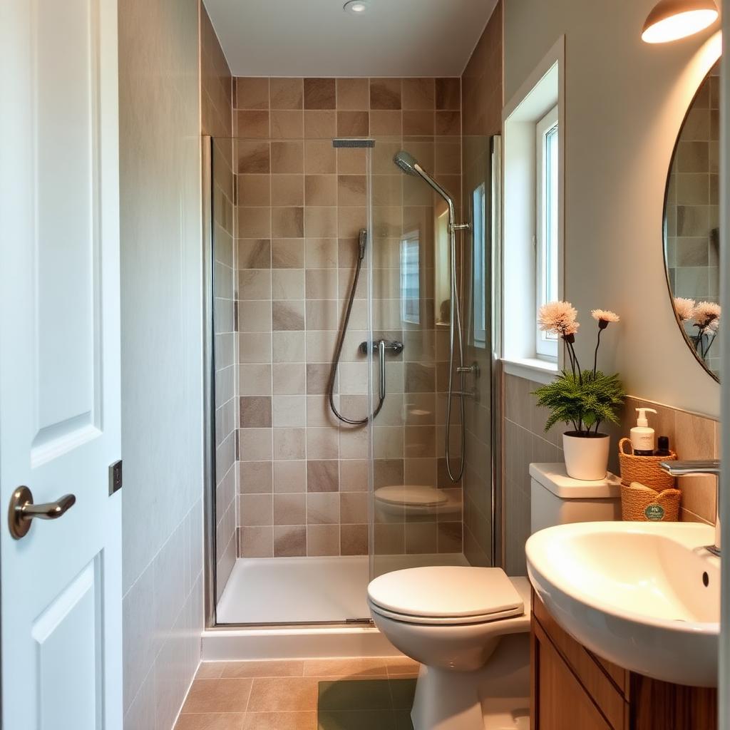 Petite salle de bains rénovée avec douche et meuble vasque